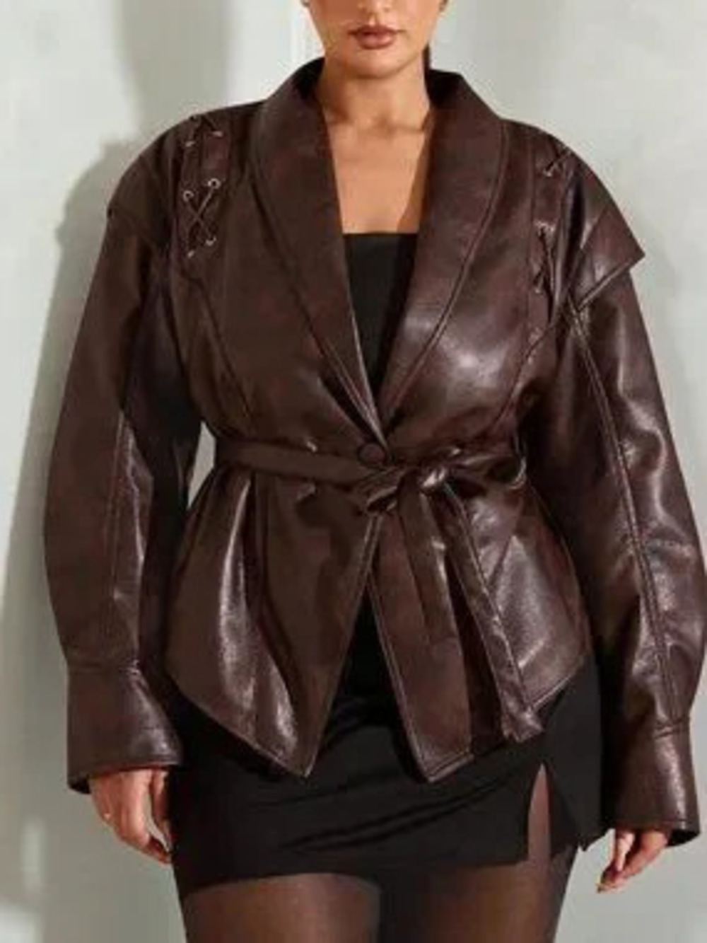 ZARA Coffee Brown Party Women's Lace-Up Waist Faux Leather Jacket